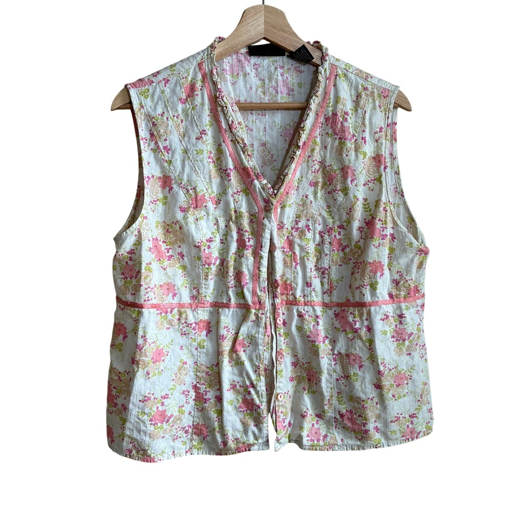 Relativity Floral Sleeveless Button Front Blouse XL Pink White Women Cotton Vest